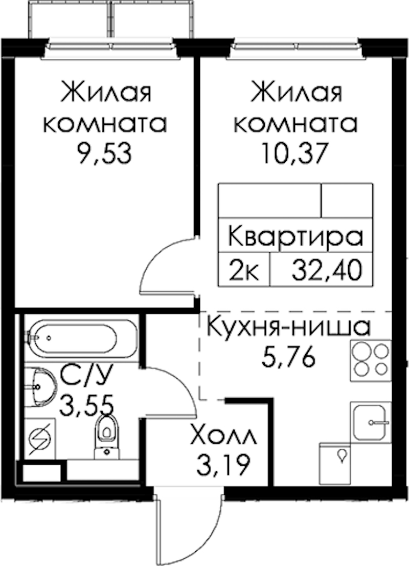 1-комнатная квартира 32.4 м², 8/15 эт., ЖК «Янинский лес»